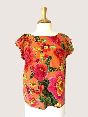 Cynthia Rowley Floral Linen Blend Flutter Sleeve Top – Size S